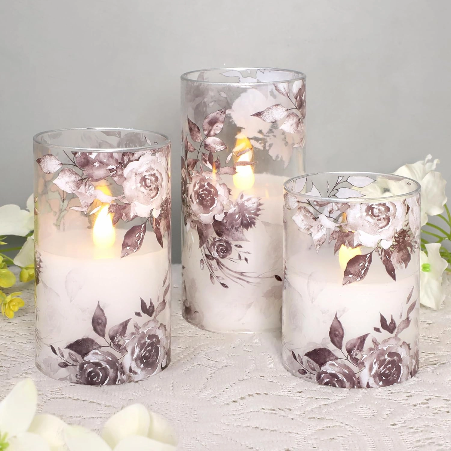 Rose LED Flameless Glass Candles Set with Remote Control & Timer Function - Floral Design Battery Operated Candles - Home Farmhouse Holiday Spring Easter Decorations - Set of 3 (D3 X H4 5" 6")