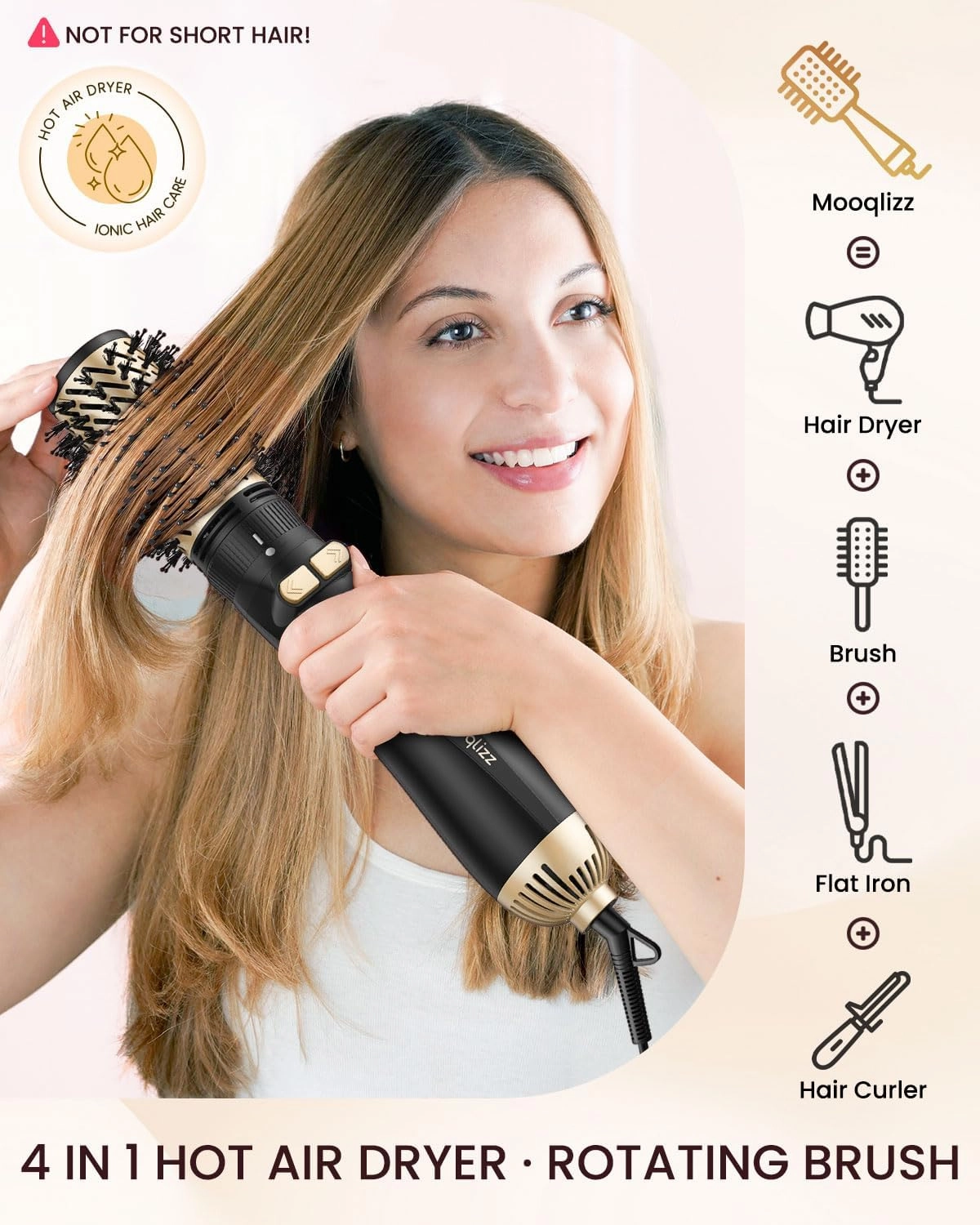 Rotating Hair Dryer Brush, 3 in 1 Round Hot Air Spin Brush Set, Volumizer Blow Dryer Brush with 2 Brushes and Concentrator, Gold Black