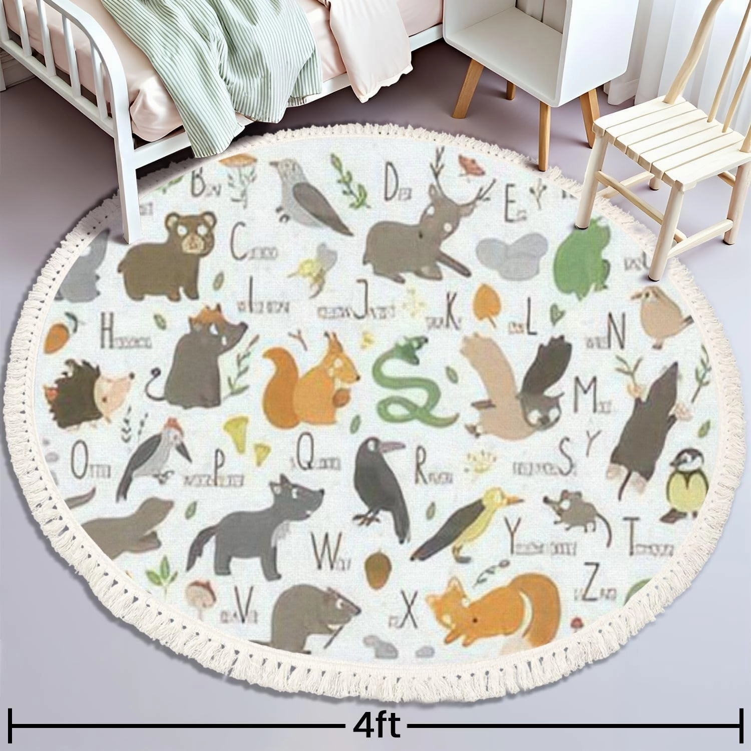 Round Rugs Woodland Alphabet for Children Cute Flat ABC Forest Animals Horizontal Boho Area Rug Linen and Cotton Carpet Meditation Rug Washable Hallway Runner Mat Accent Rugs for Bedroom Nursery 4ft