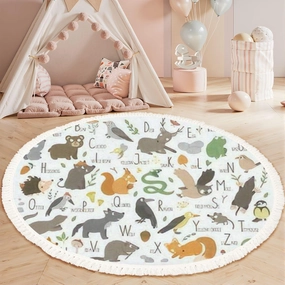 Round Rugs Woodland Alphabet for Children Cute Flat ABC Forest Animals Horizontal Boho Area Rug Linen and Cotton Carpet Meditation Rug Washable Hallway Runner Mat Accent Rugs for Bedroom Nursery 4ft