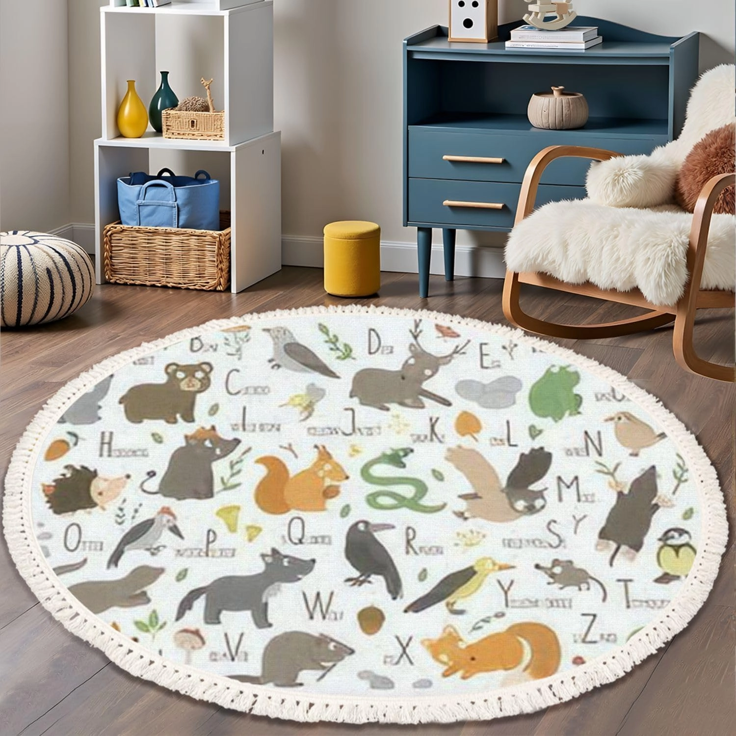 Round Rugs Woodland Alphabet for Children Cute Flat ABC Forest Animals Horizontal Boho Area Rug Linen and Cotton Carpet Meditation Rug Washable Hallway Runner Mat Accent Rugs for Bedroom Nursery 4ft