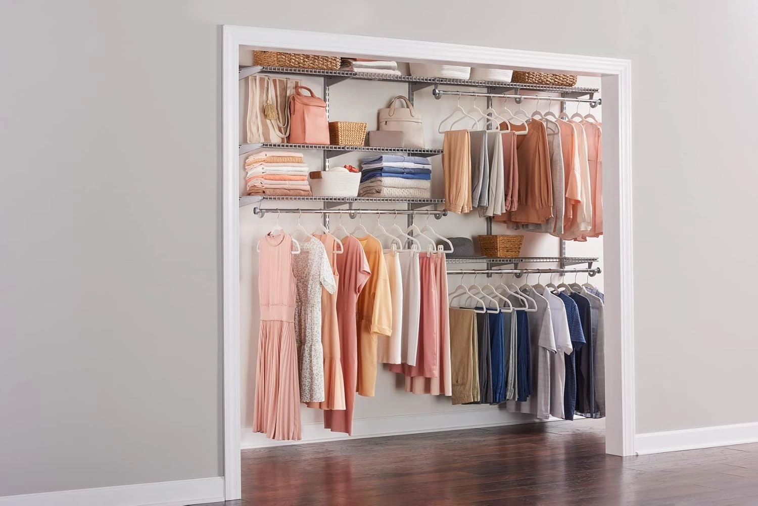 Rubbermaid Configurations Deluxe Custom Closet Kit 4-8 Ft. Adjustable Metal Wire Shelving Titanium Finish Expandable Organization System Hardware Included for Home Closet/Pantry/Laundry/Mudroom