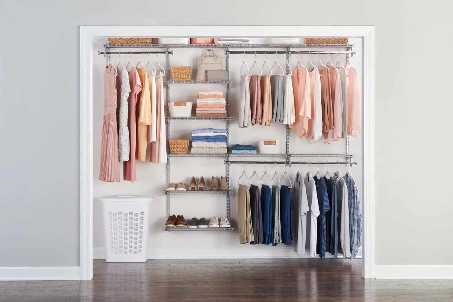 Rubbermaid Configurations Deluxe Custom Closet Kit 4-8 Ft. Adjustable Metal Wire Shelving Titanium Finish Expandable Organization System Hardware Included for Home Closet/Pantry/Laundry/Mudroom