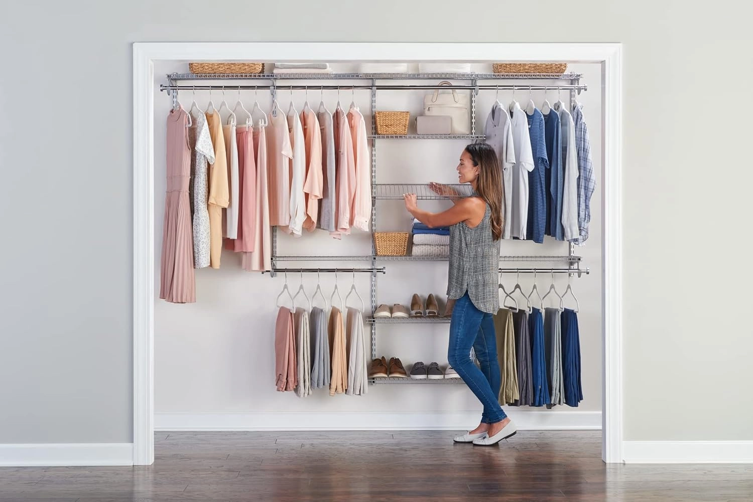 Rubbermaid Configurations Deluxe Custom Closet Kit 4-8 Ft. Adjustable Metal Wire Shelving Titanium Finish Expandable Organization System Hardware Included for Home Closet/Pantry/Laundry/Mudroom