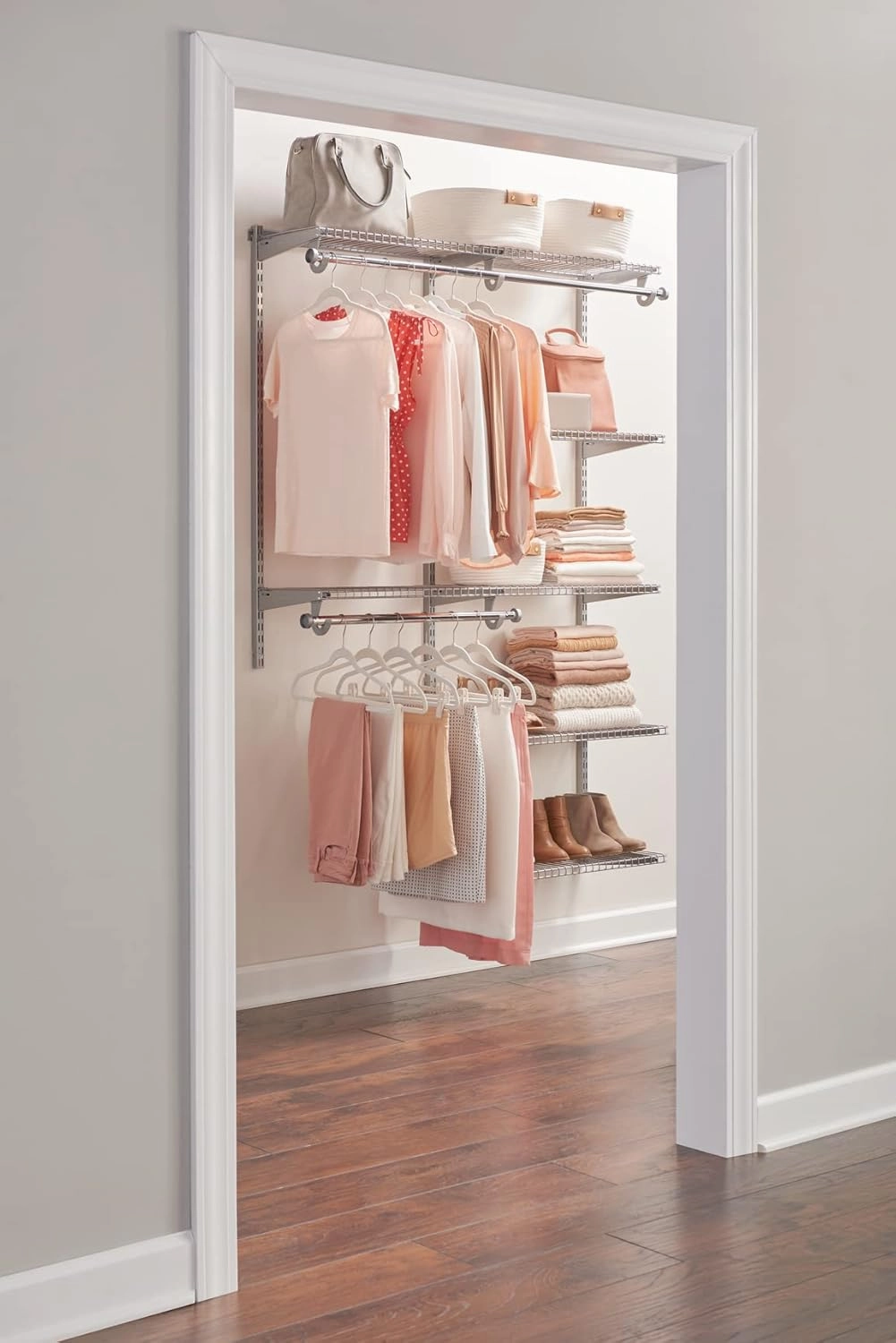 Rubbermaid Configurations Deluxe Custom Closet Kit 4-8 Ft. Adjustable Metal Wire Shelving Titanium Finish Expandable Organization System Hardware Included for Home Closet/Pantry/Laundry/Mudroom