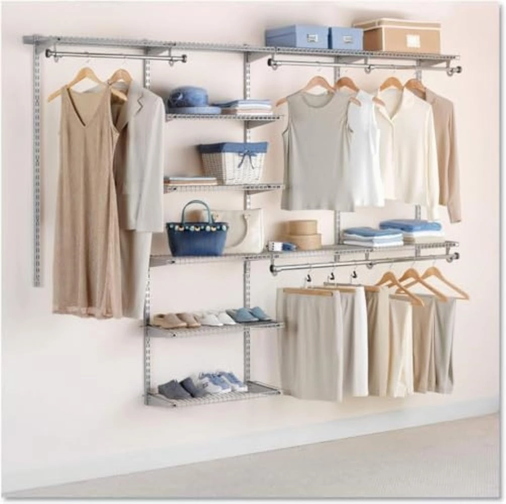 Rubbermaid Configurations Deluxe Custom Closet Kit 4-8 Ft. Adjustable Metal Wire Shelving Titanium Finish Expandable Organization System Hardware Included for Home Closet/Pantry/Laundry/Mudroom