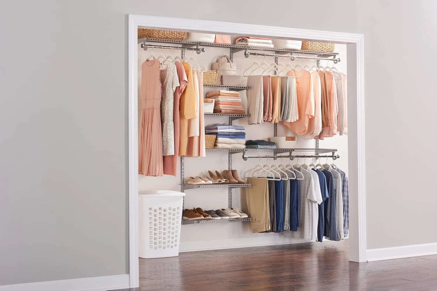 Rubbermaid Configurations Deluxe Custom Closet Kit 4-8 Ft. Adjustable Metal Wire Shelving Titanium Finish Expandable Organization System Hardware Included for Home Closet/Pantry/Laundry/Mudroom