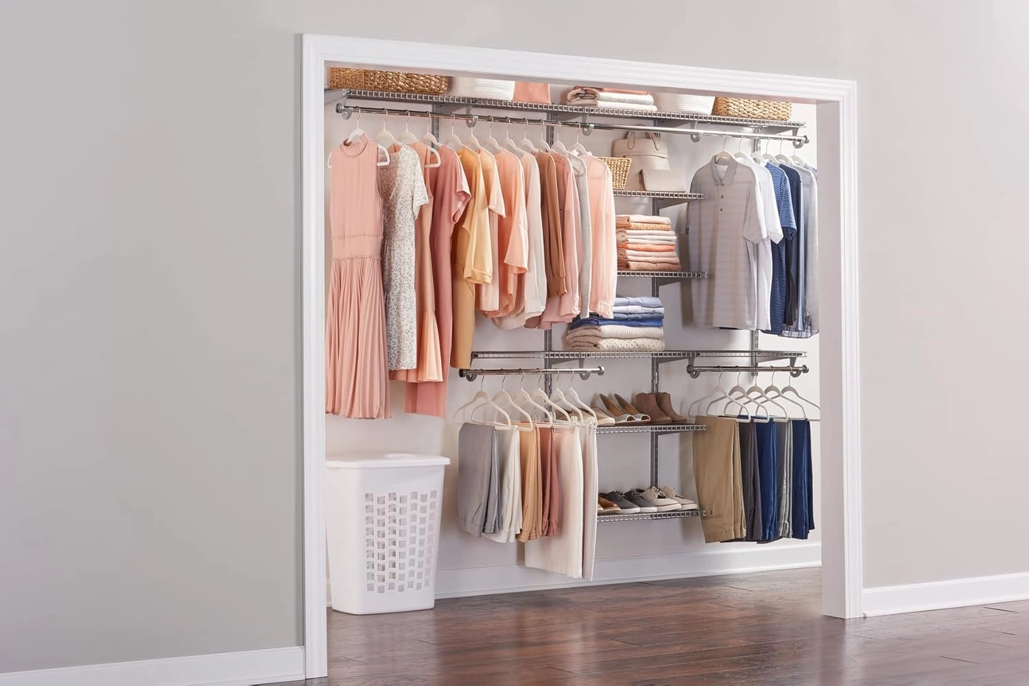 Rubbermaid Configurations Deluxe Custom Closet Kit 4-8 Ft. Adjustable Metal Wire Shelving Titanium Finish Expandable Organization System Hardware Included for Home Closet/Pantry/Laundry/Mudroom