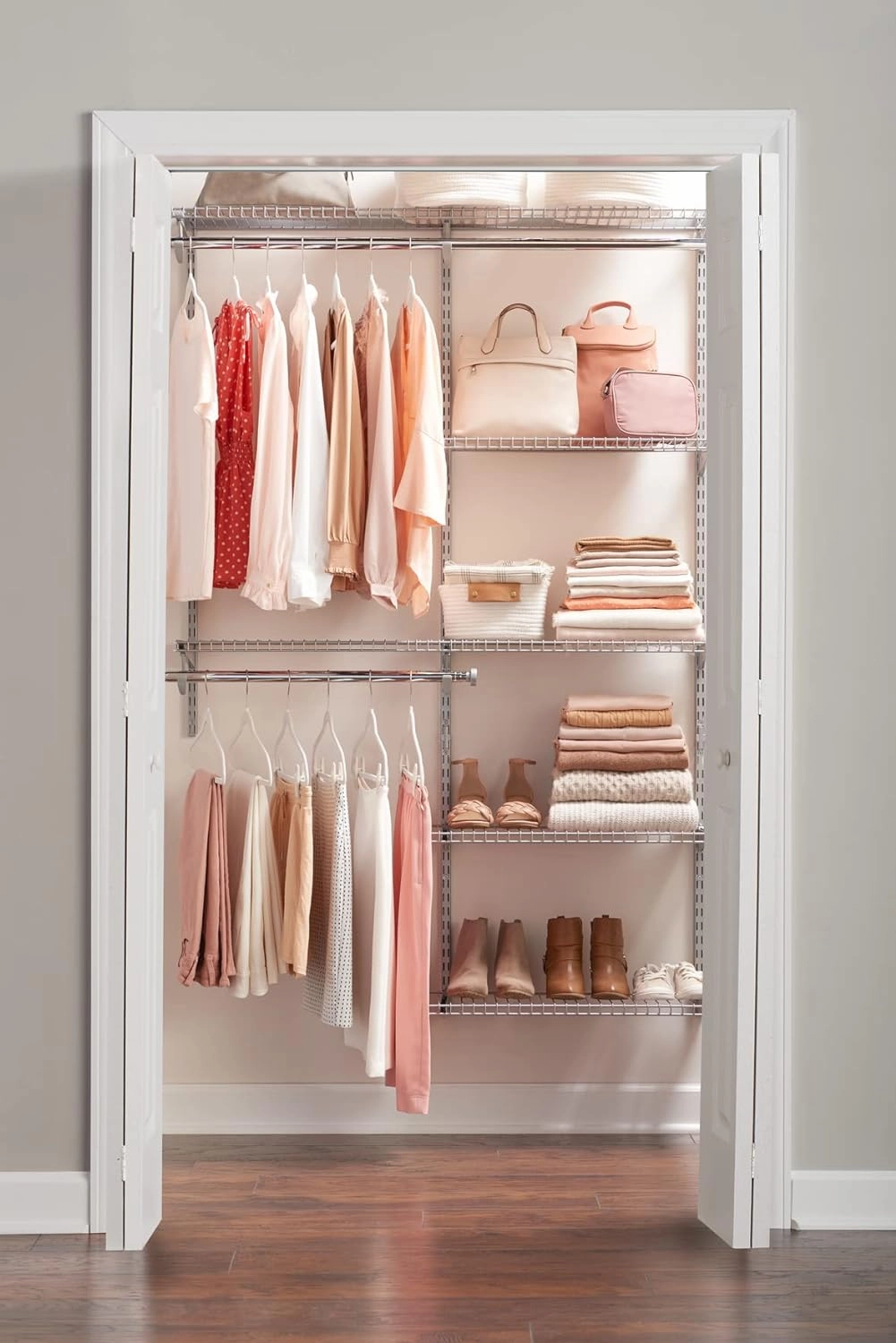 Rubbermaid Configurations Deluxe Custom Closet Kit 4-8 Ft. Adjustable Metal Wire Shelving Titanium Finish Expandable Organization System Hardware Included for Home Closet/Pantry/Laundry/Mudroom
