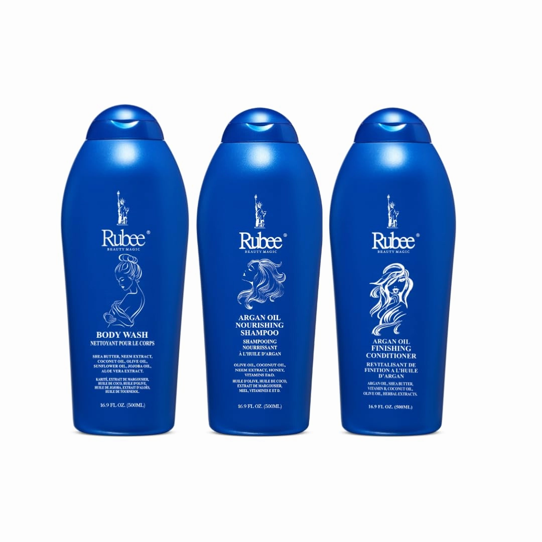 Rubee Pack of 3 Shampoo and Conditioner with Body Wash - with Hair Growth Formula - Shea Butter, Argan Oil and Olive Oil - Hair Care for Curly, Oily, and Thinning Hair - Body Care - 16 oz
