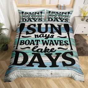 Rustic Lake Cabin Bedding Set Lake Paddle Decor Comforter Cover Twin For Lake Lovers, Lakeside Camp Rv Decor Duvet Cover Vintage Wooden Board Farmhouse Bed Set Lake House Decor, Green Cabin Decor