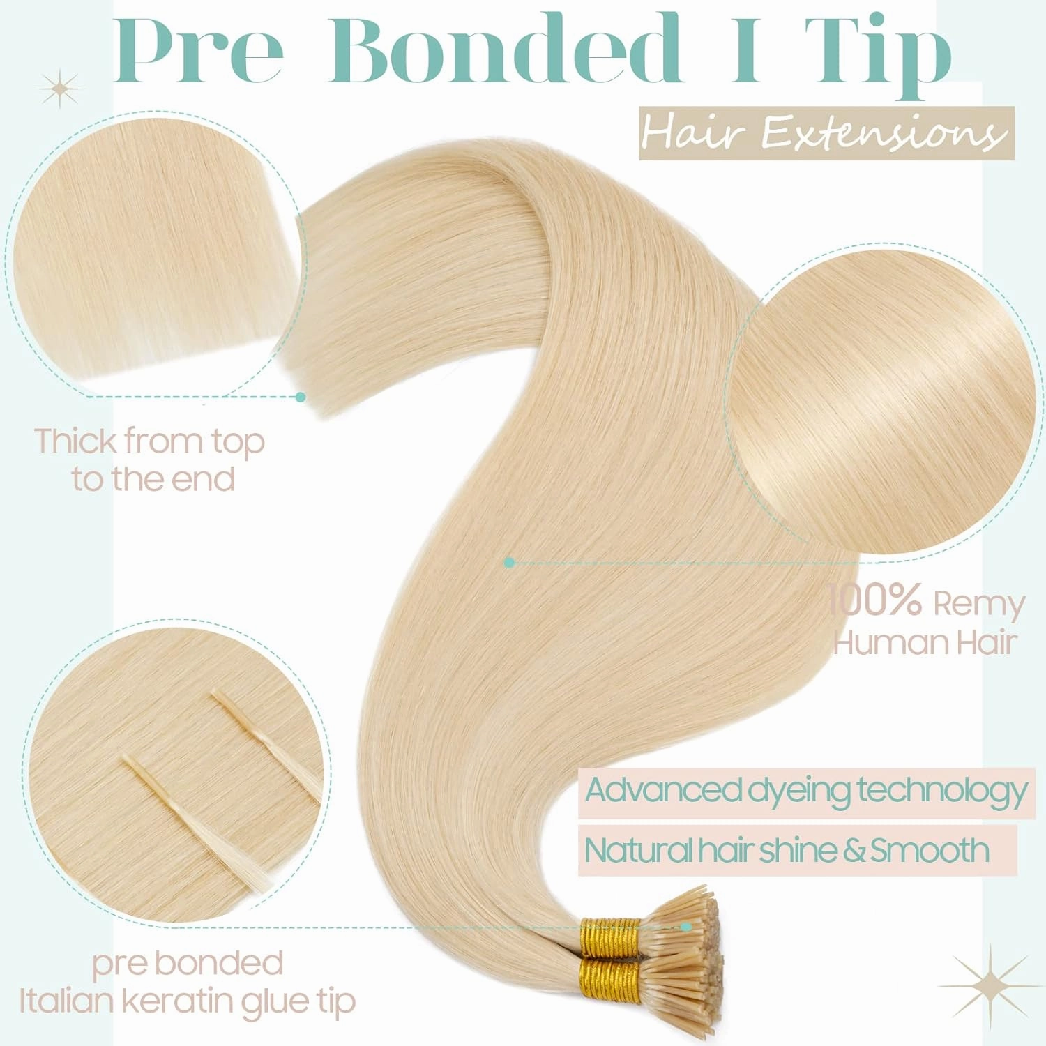 S-noilite Pre Bonded I Tip Hair Extensions Human Hair 100Strands 50Gram Cold Fusion Hair Stick Tip Remy Human Hair Piece Italian Keratin Glue K Tip 16 Inch #613 Bleach Blonde