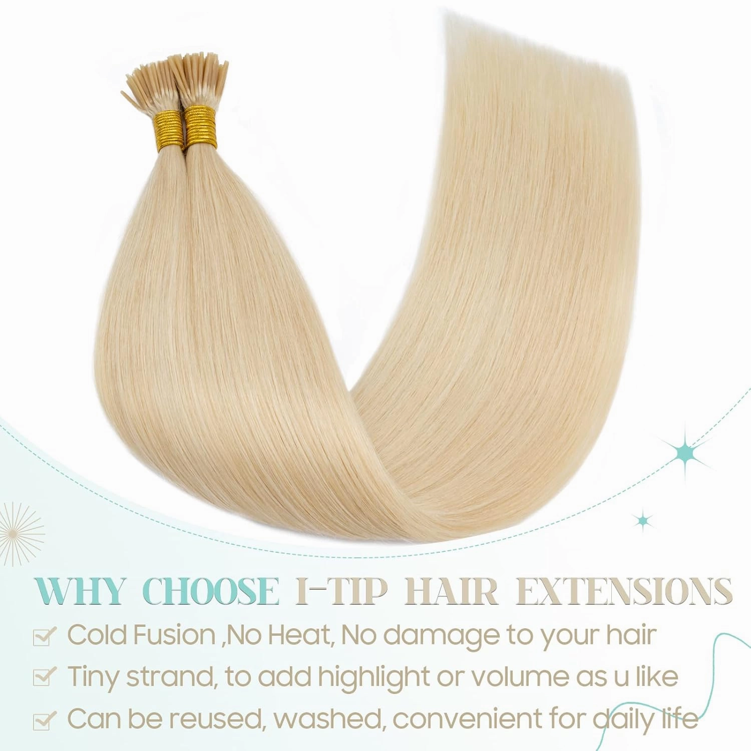 S-noilite Pre Bonded I Tip Hair Extensions Human Hair 100Strands 50Gram Cold Fusion Hair Stick Tip Remy Human Hair Piece Italian Keratin Glue K Tip 16 Inch #613 Bleach Blonde