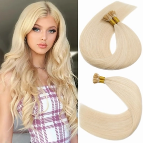 S-noilite Pre Bonded I Tip Hair Extensions Human Hair 100Strands 50Gram Cold Fusion Hair Stick Tip Remy Human Hair Piece Italian Keratin Glue K Tip 16 Inch #613 Bleach Blonde