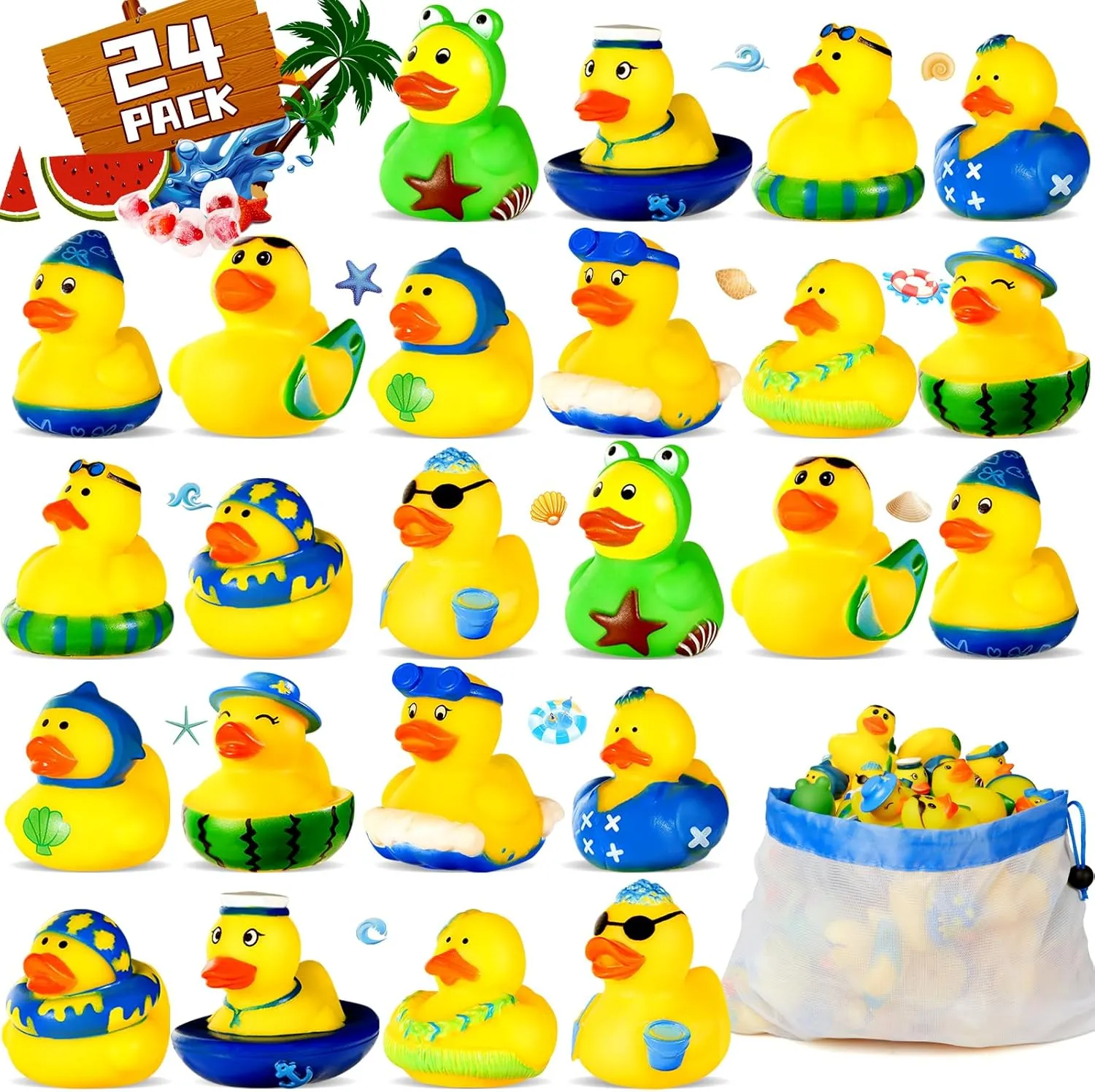 SCIONE 24Pack Summer Rubber Ducks Party Favors, Assorted Beach Rubber Ducks with Net Bag for Pool Beach Toys,Summer Birthday Gifts Holiday Party Favors Classroom Prizes for Kids Baby Showers Bath Toys