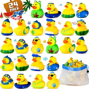 SCIONE 24Pack Summer Rubber Ducks Party Favors, Assorted Beach Rubber Ducks with Net Bag for Pool Beach Toys,Summer Birthday Gifts Holiday Party Favors Classroom Prizes for Kids Baby Showers Bath Toys