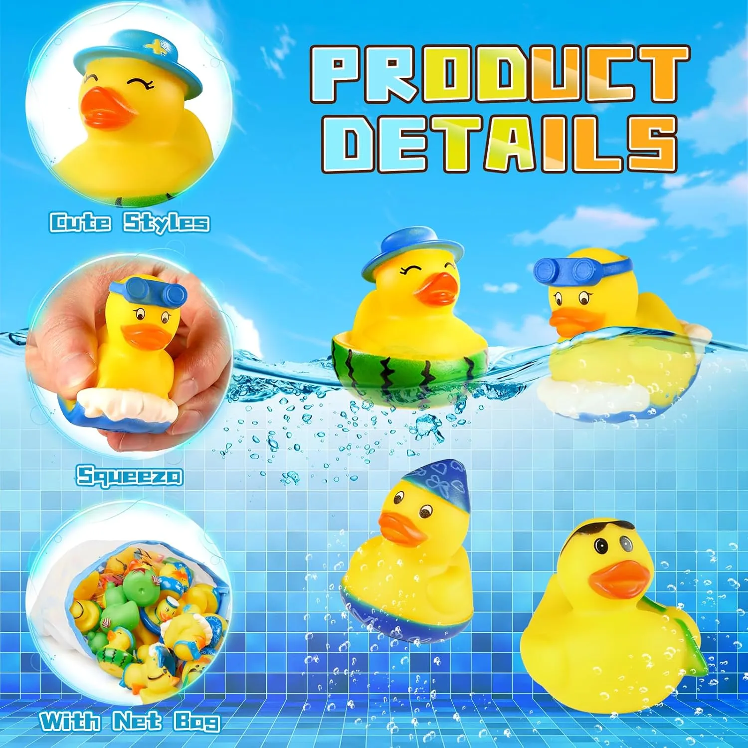 SCIONE 24Pack Summer Rubber Ducks Party Favors, Assorted Beach Rubber Ducks with Net Bag for Pool Beach Toys,Summer Birthday Gifts Holiday Party Favors Classroom Prizes for Kids Baby Showers Bath Toys