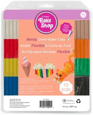 Sculpey Bake Shop Bendy Polymer Oven Bake Clay, 8 unique color set, pieces become rubbery and super flexible after baking, 2 modeling tools, made for creating holiday, figurines and school projects.