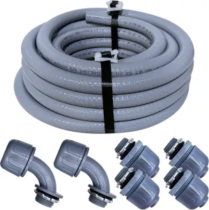 Sealproof 1-Inch Non-Metallic Liquid-Tight Conduit and Connector Kit, 25 Foot Made in USA Flexible Electrical Conduit Type B with 4 Straight and 2 90-Degree Conduit Connector Fittings, 1" Dia