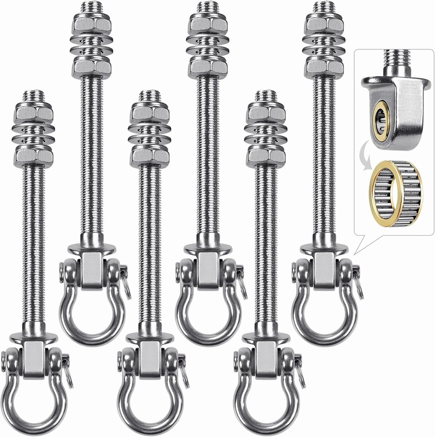 SELEWARE Heavy Duty Bearing Swing Hangers, 6 Pack Stainless Steel Hooks for Wood and Steel Beam, Sets Hardware for Hammock, Yoga, Porch, Heavy Bag, 7" x M2/5", 1500LB Capacity
