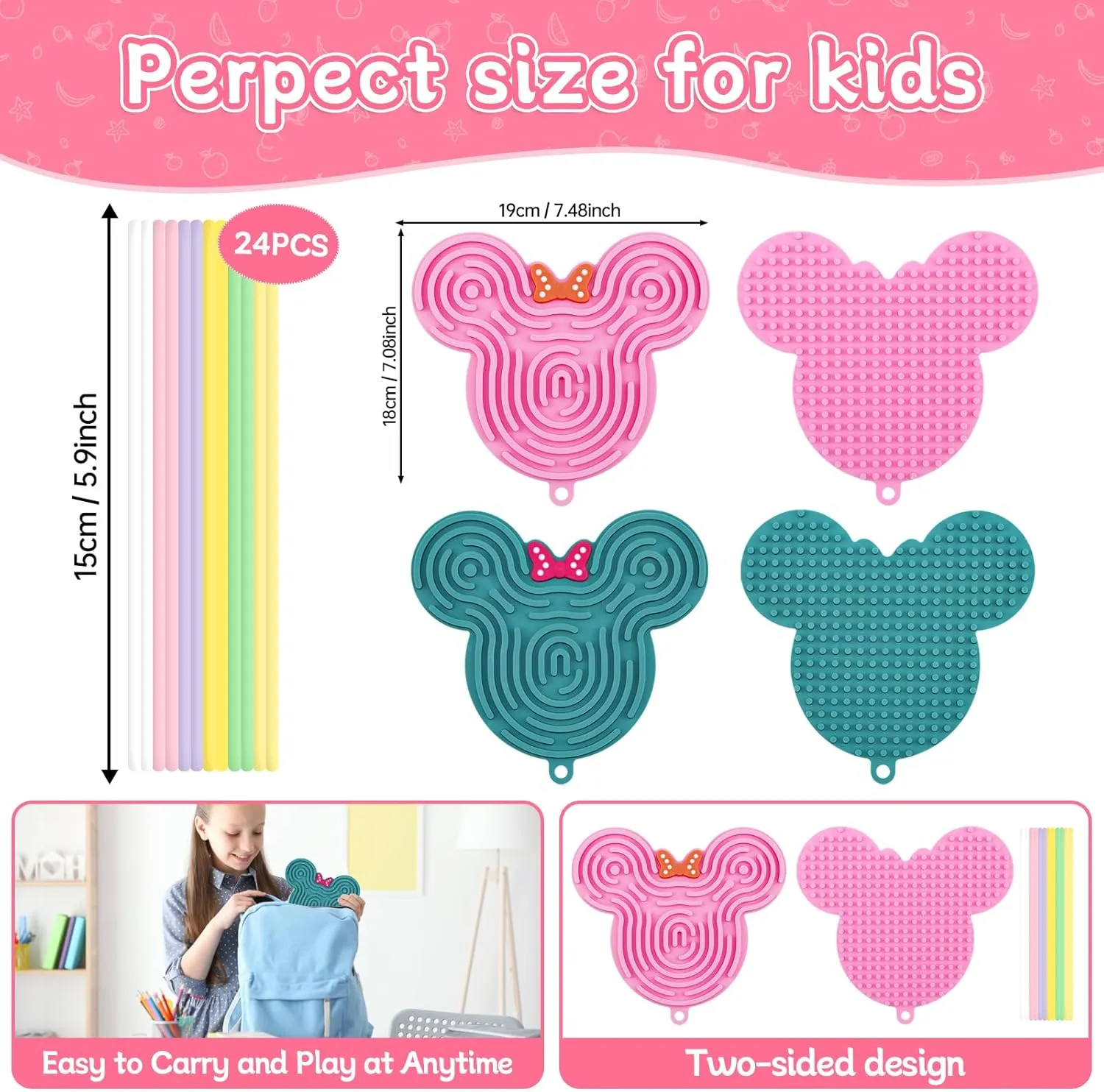 Sensory Activity Board,Double-Sided Silicone Sensory Fidget Toy with 24 Strings for Autism, Stress, Anxiety, Calming, Focus,No Mess ADHD Silent for Kids 3  Adults with Portable Travel Bag