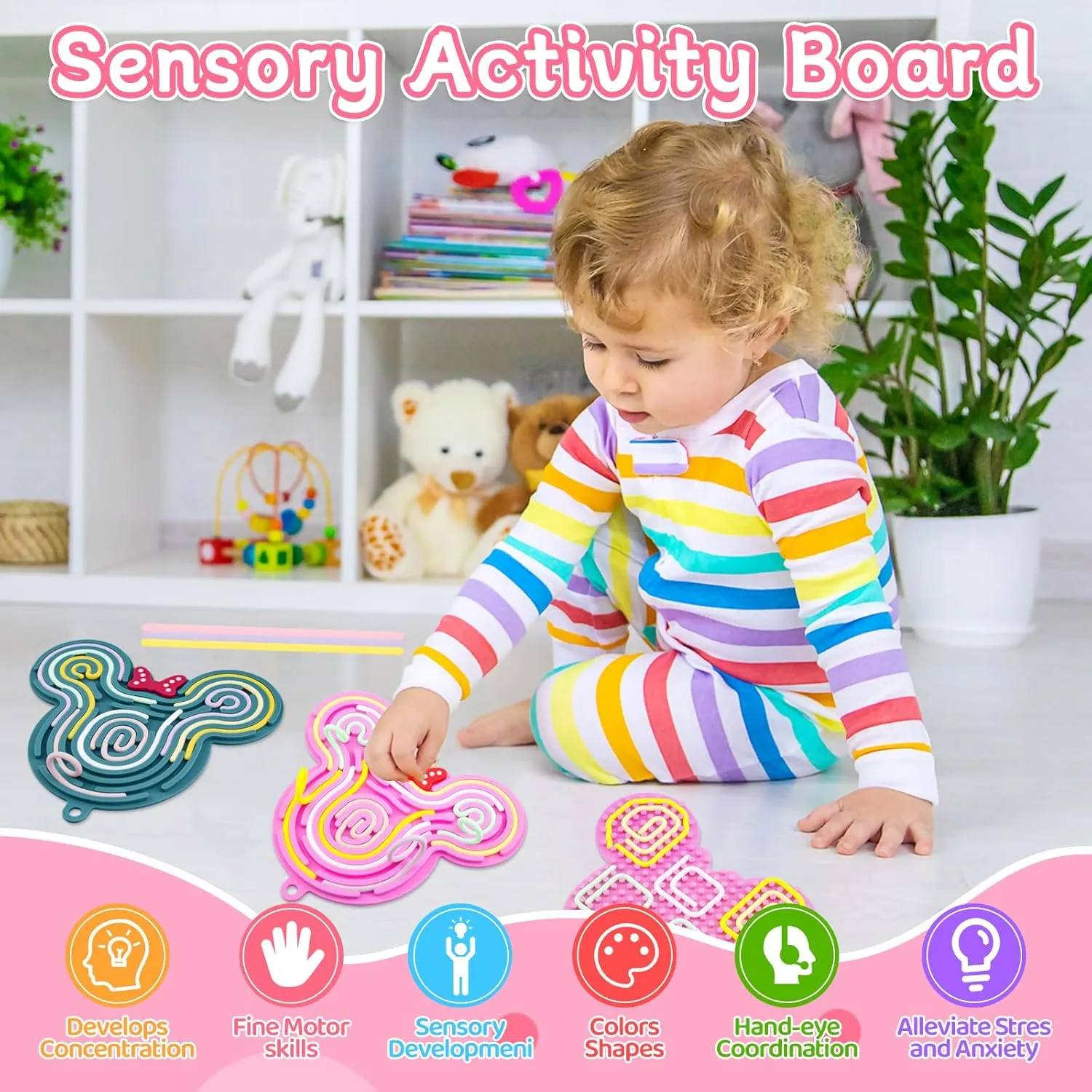 Sensory Activity Board,Double-Sided Silicone Sensory Fidget Toy with 24 Strings for Autism, Stress, Anxiety, Calming, Focus,No Mess ADHD Silent for Kids 3  Adults with Portable Travel Bag
