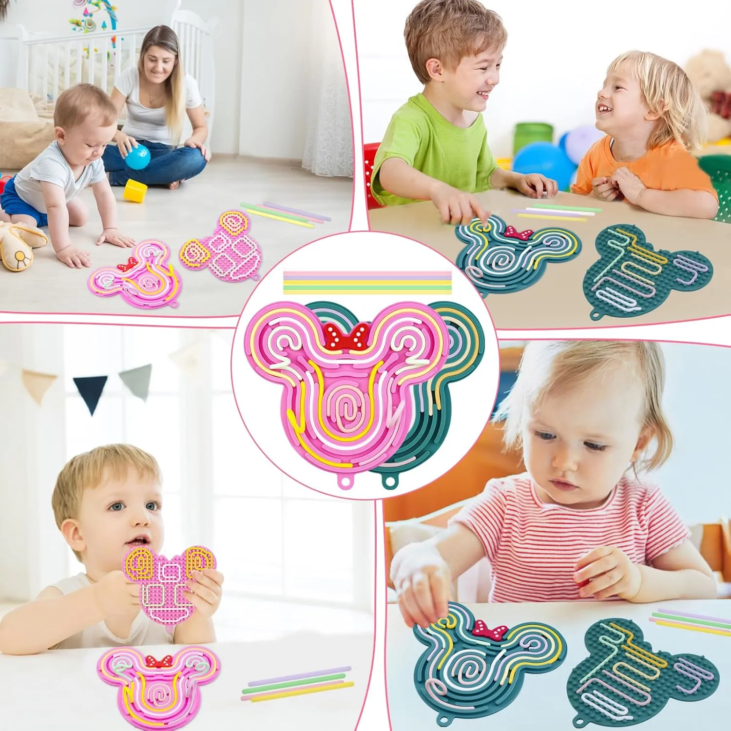 Sensory Activity Board,Double-Sided Silicone Sensory Fidget Toy with 24 Strings for Autism, Stress, Anxiety, Calming, Focus,No Mess ADHD Silent for Kids 3  Adults with Portable Travel Bag