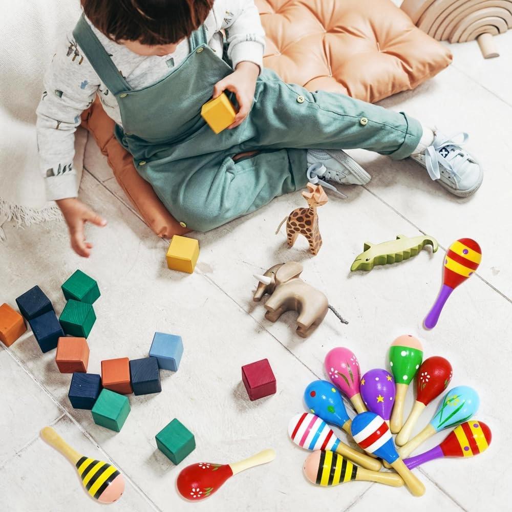 Sensory 20 Pack Kids Colorful Mini Wooden Maracas, Festival Rattles Egg Shaker Noisemaker Party Favors, Baby Shaker Sand Hammer Mexican Theme Birthday Musical Instruments Hand Percussion Toy