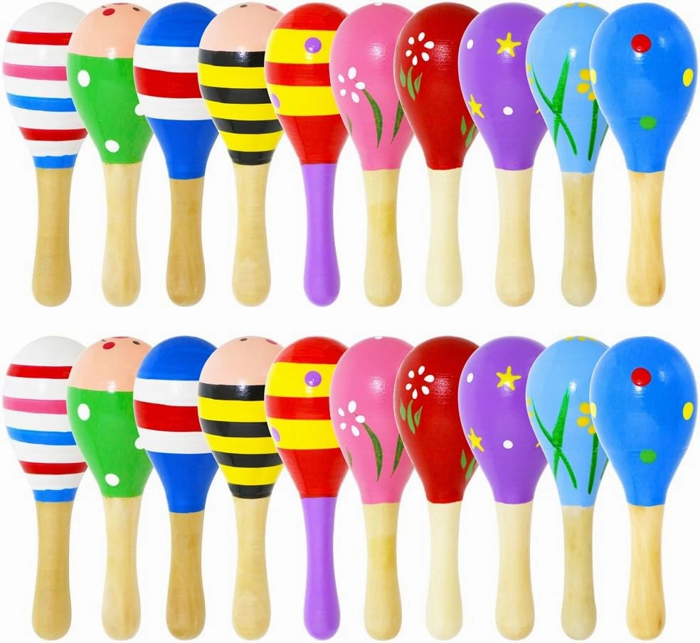 Sensory 20 Pack Kids Colorful Mini Wooden Maracas, Festival Rattles Egg Shaker Noisemaker Party Favors, Baby Shaker Sand Hammer Mexican Theme Birthday Musical Instruments Hand Percussion Toy