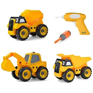 Set of 3 Take Apart Construction Truck Toys, Dump Truck, Cement Truck, Excavator with Sounds, Educational Build It Yourself Vehicles with Battery Powered Drill