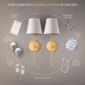 Set of 2 Wireless Wall Sconces Peel & Stick with Adhesives for Easy Installation with Rechargeable LED Bulbs, Remote Controlled, Adjustable Brightness & Warmth, Living Room Wall Decor (Black)