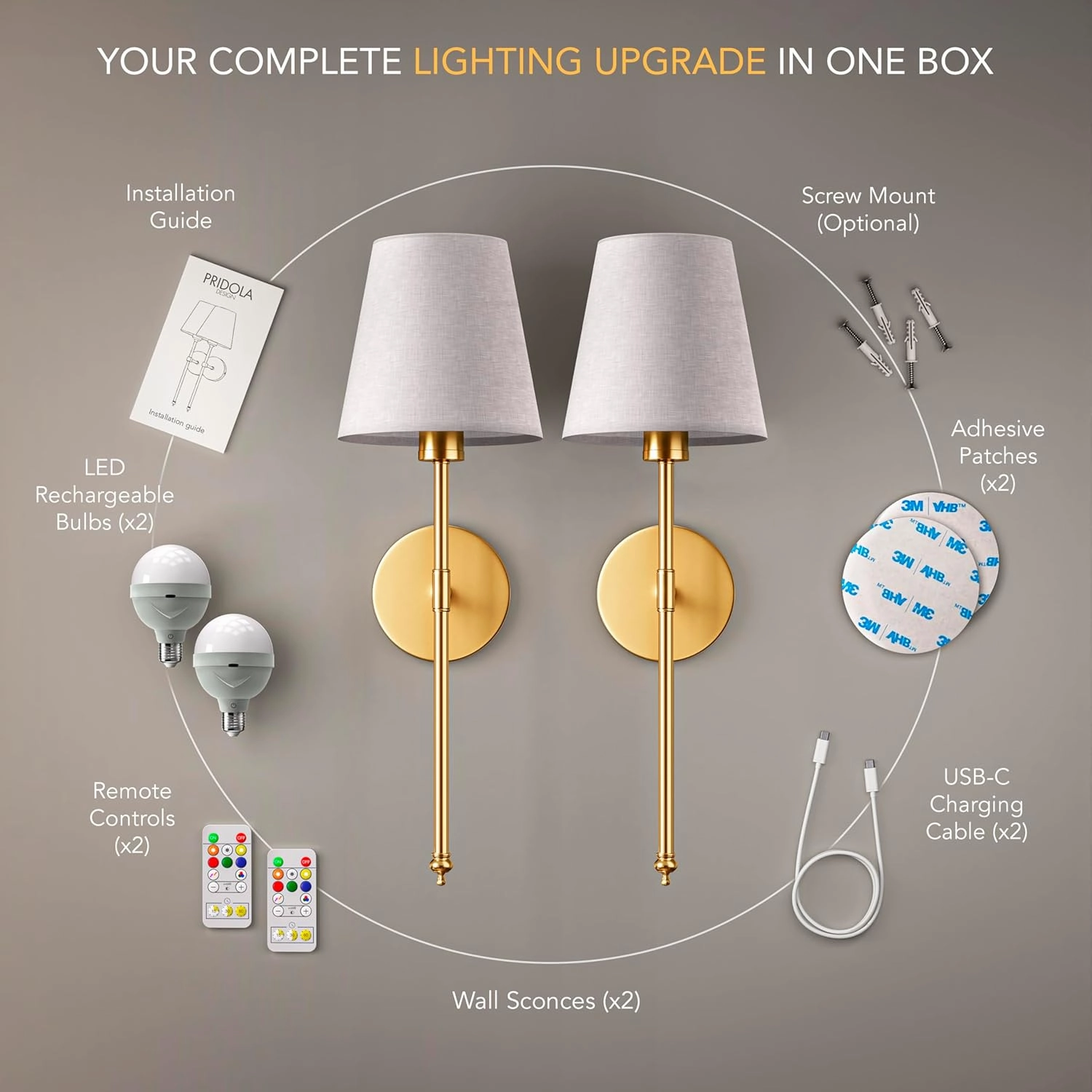Set of 2 Wireless Wall Sconces Peel & Stick with Adhesives for Easy Installation with Rechargeable LED Bulbs, Remote Controlled, Adjustable Brightness & Warmth, Living Room Wall Decor (Black)