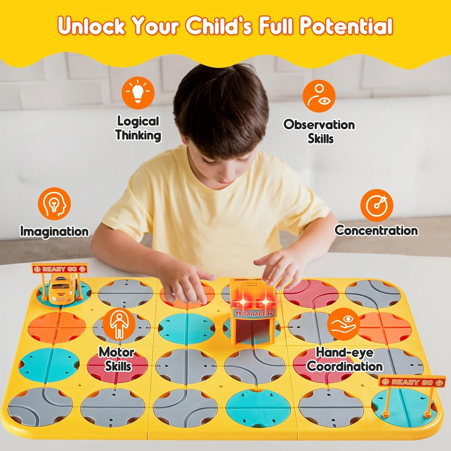 SGILE 24 PCS STEM Road Builder Puzzles for Kids 3 , Toddler Brain Teaser Maze Board Game Play Set with Cute Car Light Traffic, Interactive Toys for Boys Girls 3 4 5 6 7 Year Old Gift(Engineer vehicle)