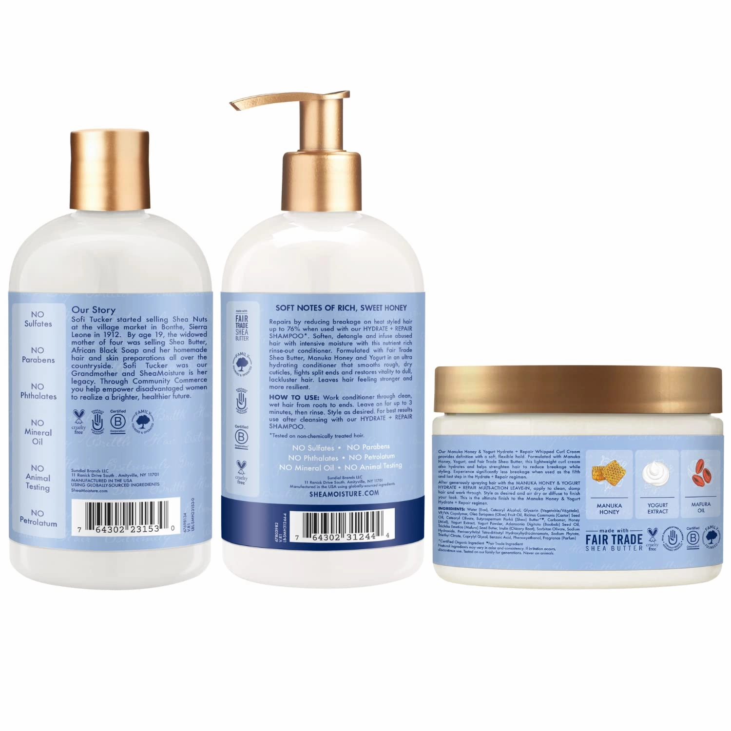 SheaMoisture Shampoo and Conditioner Set, Manuka Honey & Yogurt (13 Oz Ea)   Whipped Curl Cream (11.5 Oz) 3pc Bundle, Hydrate and Repair Shampoo and Conditioner, Shea Moisture Curly Hair Products