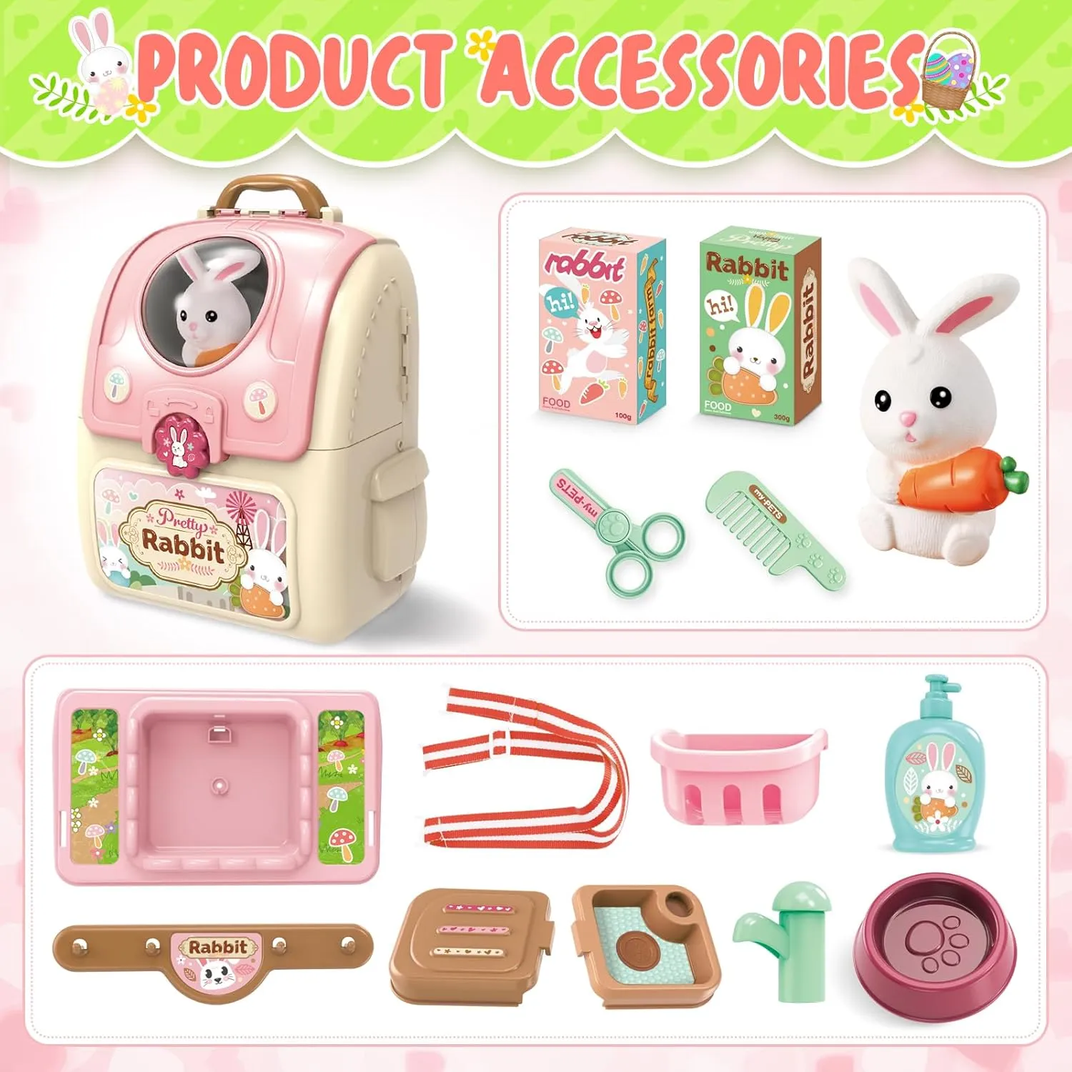 Shemira Girl Toys Gifts for 2 3 4 5 6 Years Old, Toddler Girl Toys, Bunny Toys for Kids, Easters' Gifts for Girls, Pet Care Pretend Toys with Toy Bunny & Storage Backpack