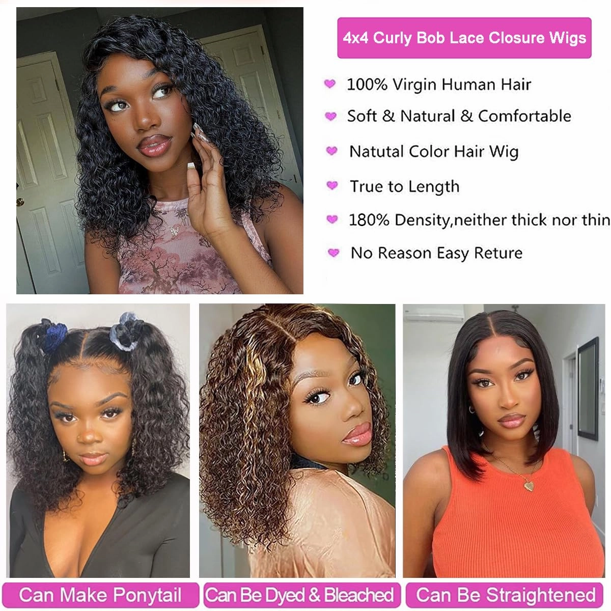 Short Bob Wigs 4x4 Curly Bob Wig Human Hair 14 Inch 180% Density Deep Curly Human Hair Wig Pre Plucked Wet and Wavy Transparent Lace Closure Wigs for Black Women