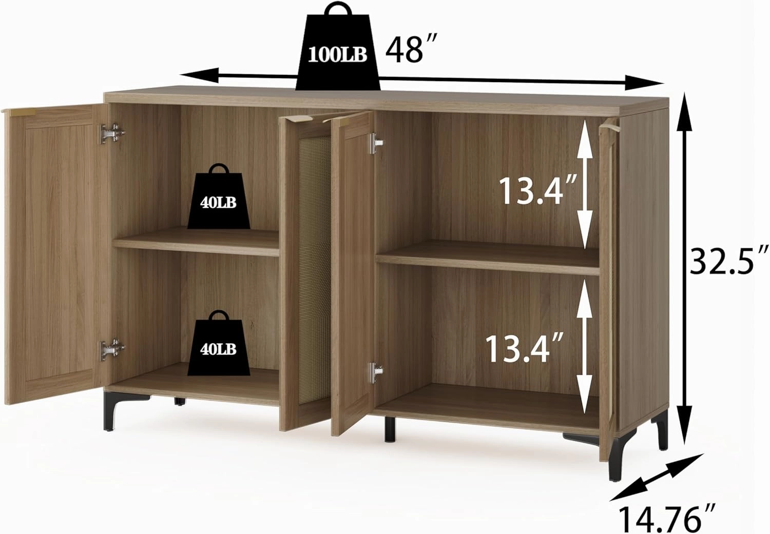 Sideboard - Buffet Cabinet with Storage, Rattan Storage with 4 Doors and Adjustable Shelves, Accent with Metal Feet, Sideboard Cabinet for Living Room (Natural)