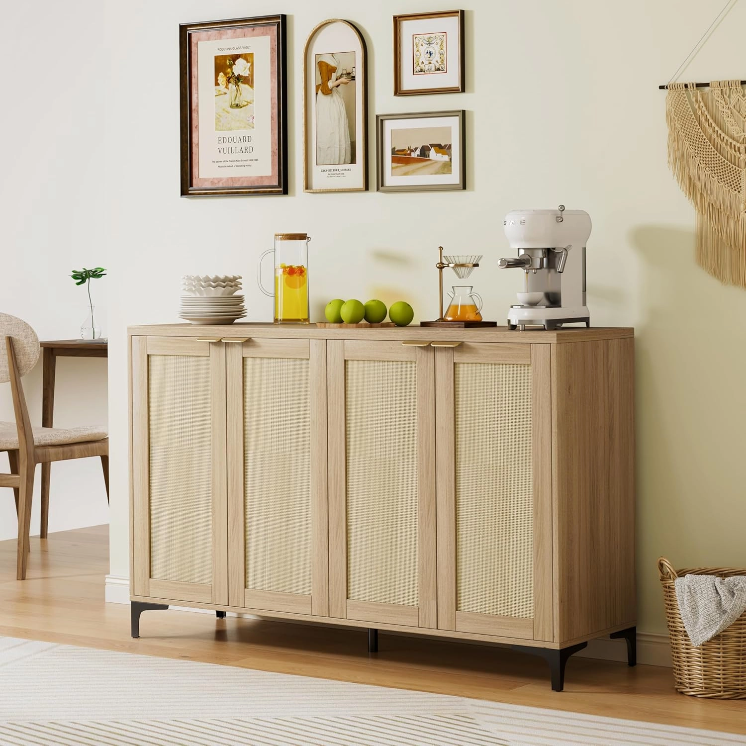 Sideboard - Buffet Cabinet with Storage, Rattan Storage with 4 Doors and Adjustable Shelves, Accent with Metal Feet, Sideboard Cabinet for Living Room (Natural)