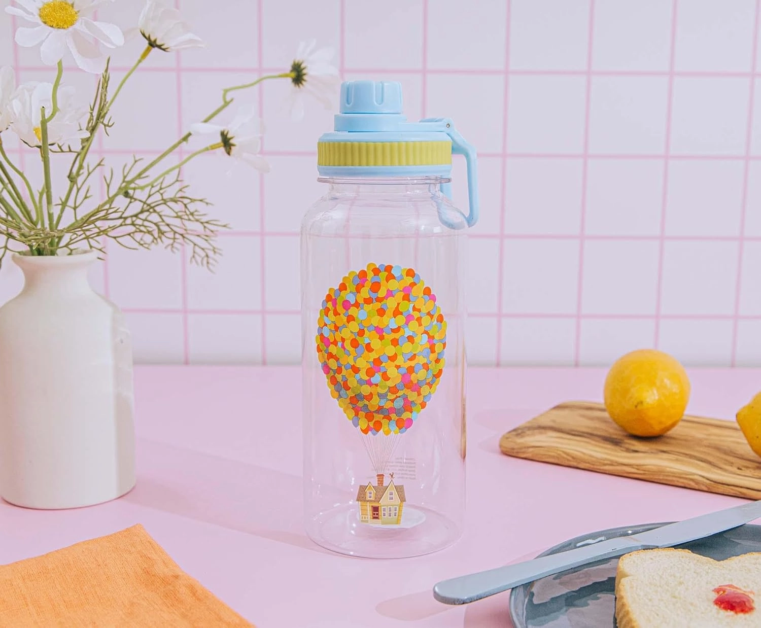 Silver Buffalo Disney Pixar Up House and Balloons Twist Spout Plastic Water Bottle with Stickers You Stick Yourself, 32 Ounces