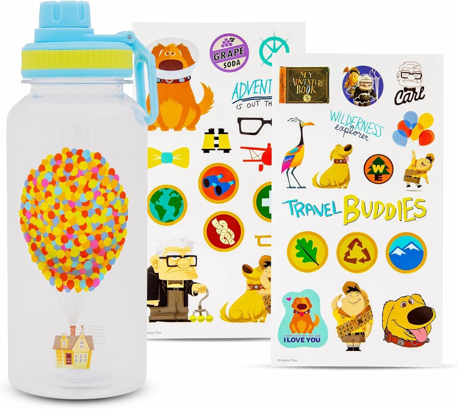Silver Buffalo Disney Pixar Up House and Balloons Twist Spout Plastic Water Bottle with Stickers You Stick Yourself, 32 Ounces