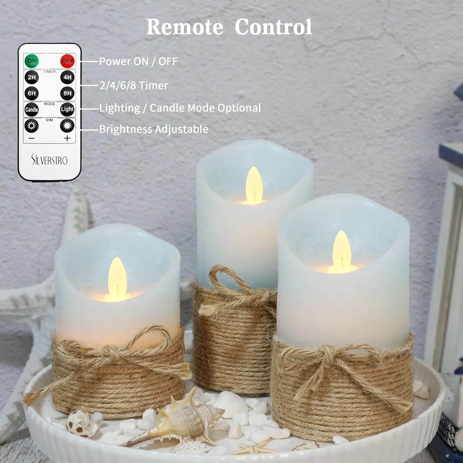 Silverstro Nautical Decor Ocean Blue Flameless Candles with Remote - Home Farmhouse Easter Spring Decorations - Set of 3 (D3.11 X H4 5" 6")