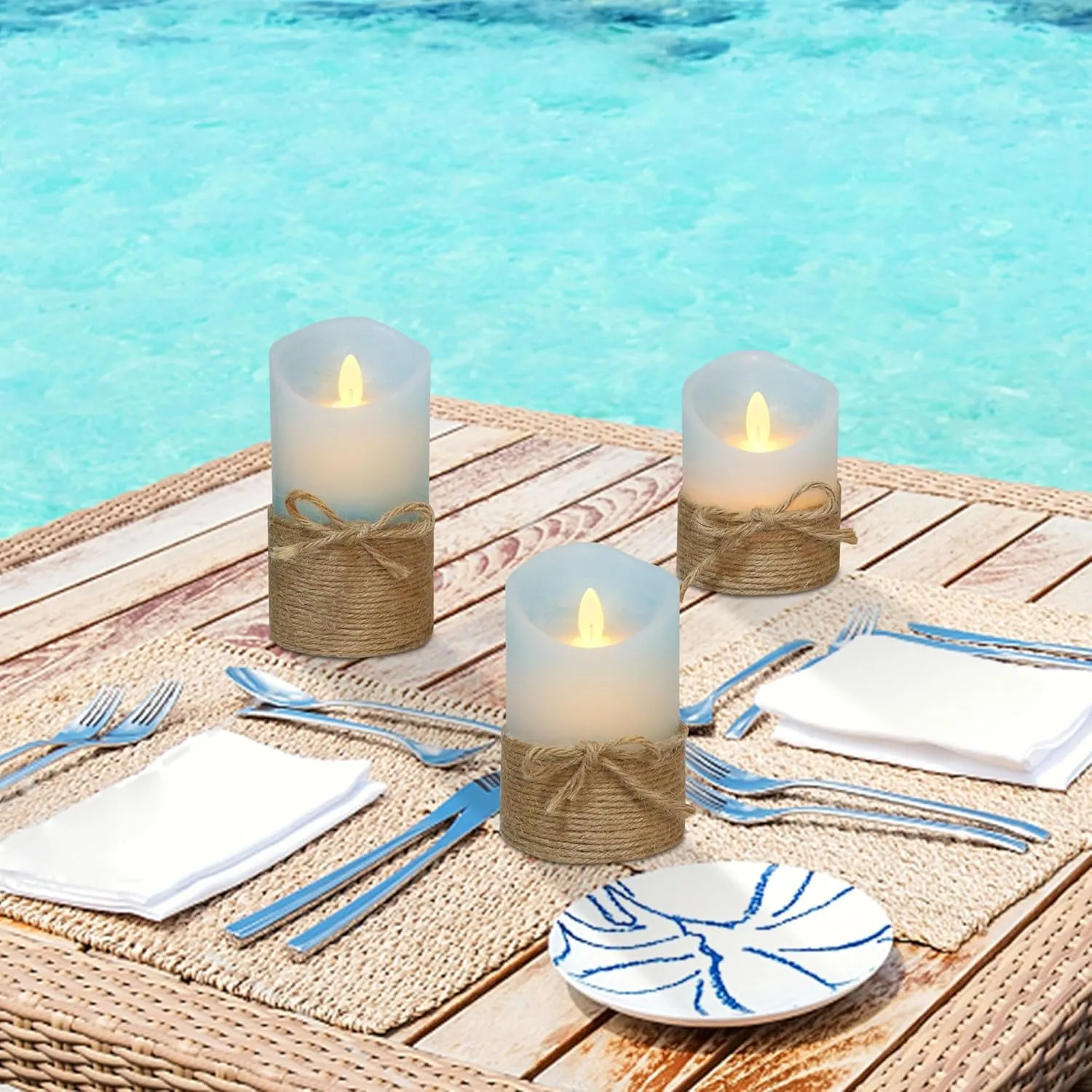 Silverstro Nautical Decor Ocean Blue Flameless Candles with Remote - Home Farmhouse Easter Spring Decorations - Set of 3 (D3.11 X H4 5" 6")