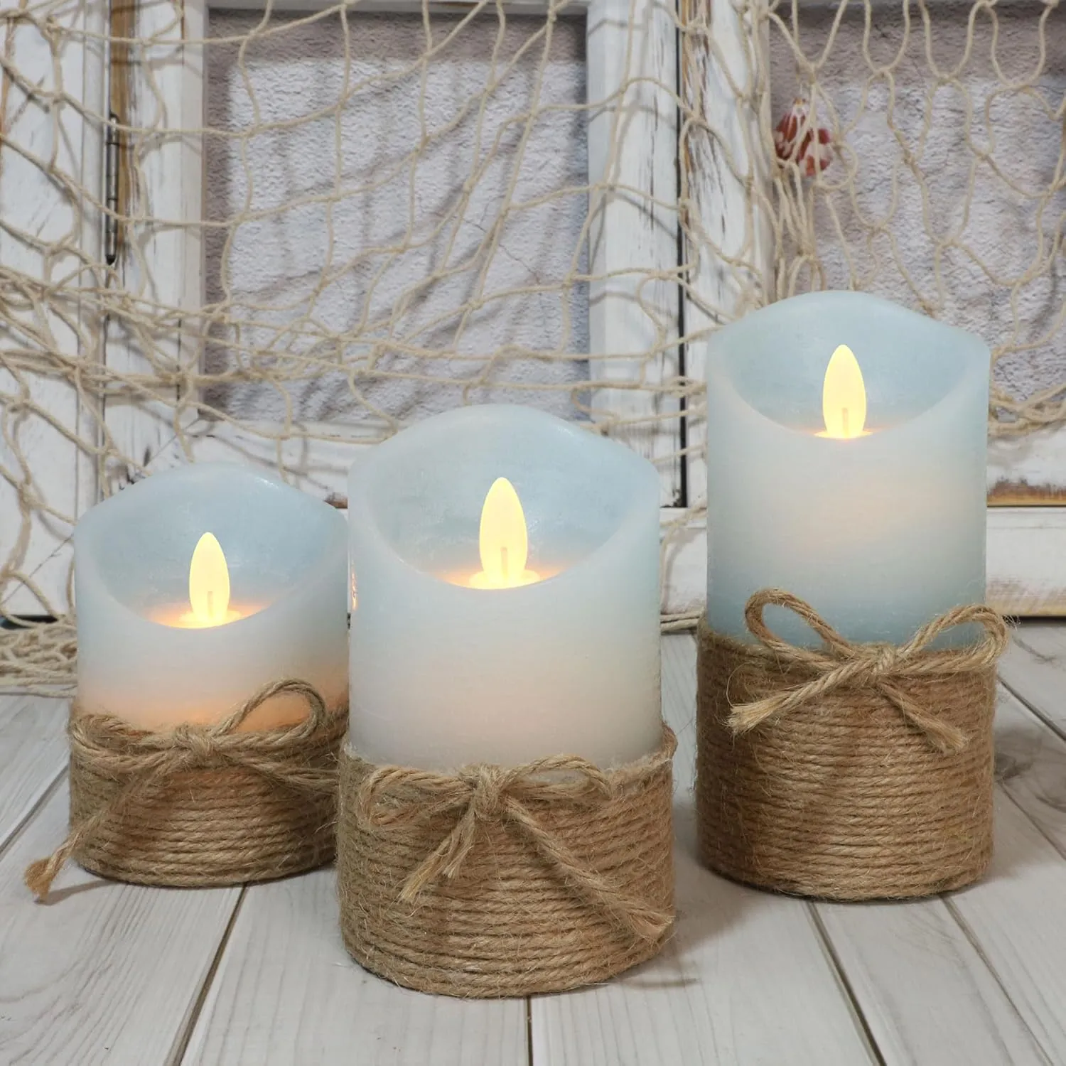 Silverstro Nautical Decor Ocean Blue Flameless Candles with Remote - Home Farmhouse Easter Spring Decorations - Set of 3 (D3.11 X H4 5" 6")