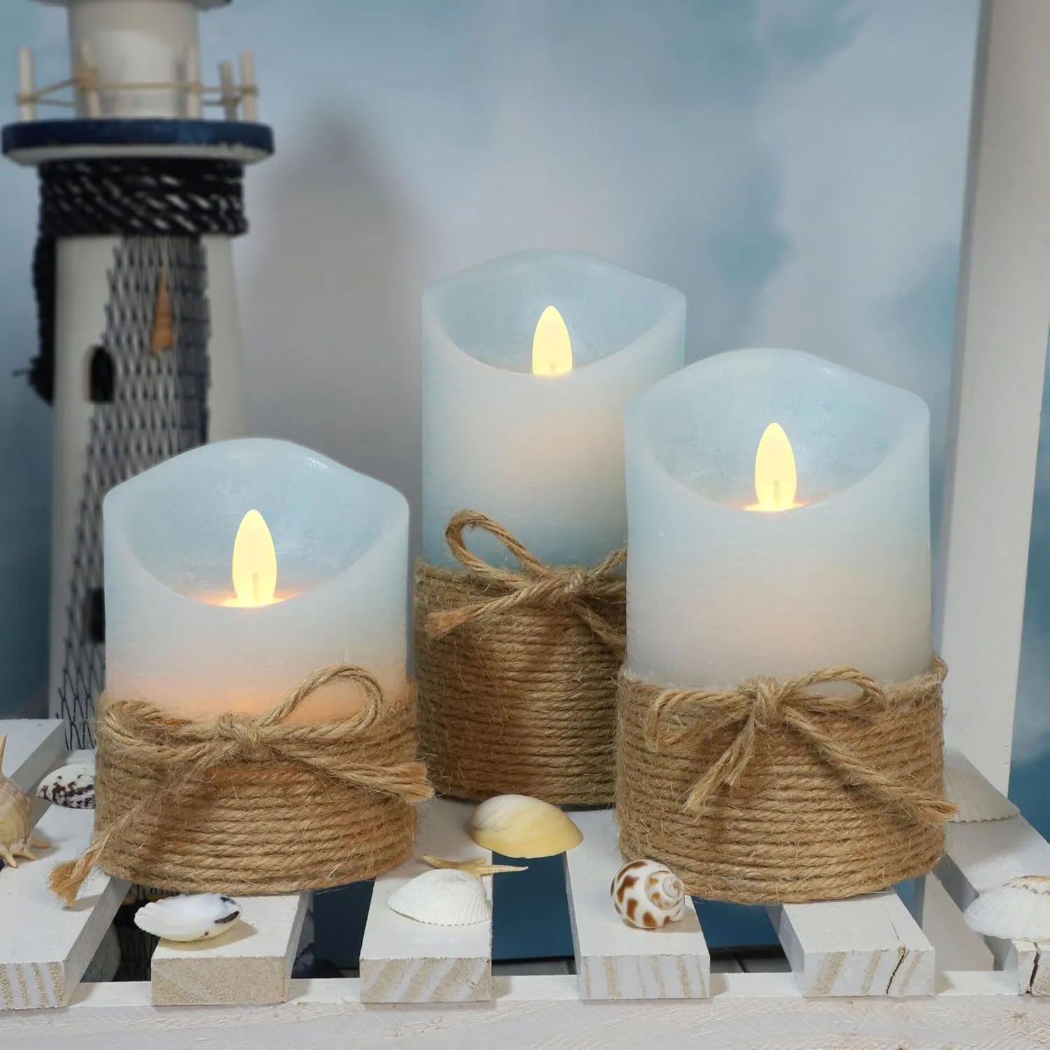 Silverstro Nautical Decor Ocean Blue Flameless Candles with Remote - Home Farmhouse Easter Spring Decorations - Set of 3 (D3.11 X H4 5" 6")