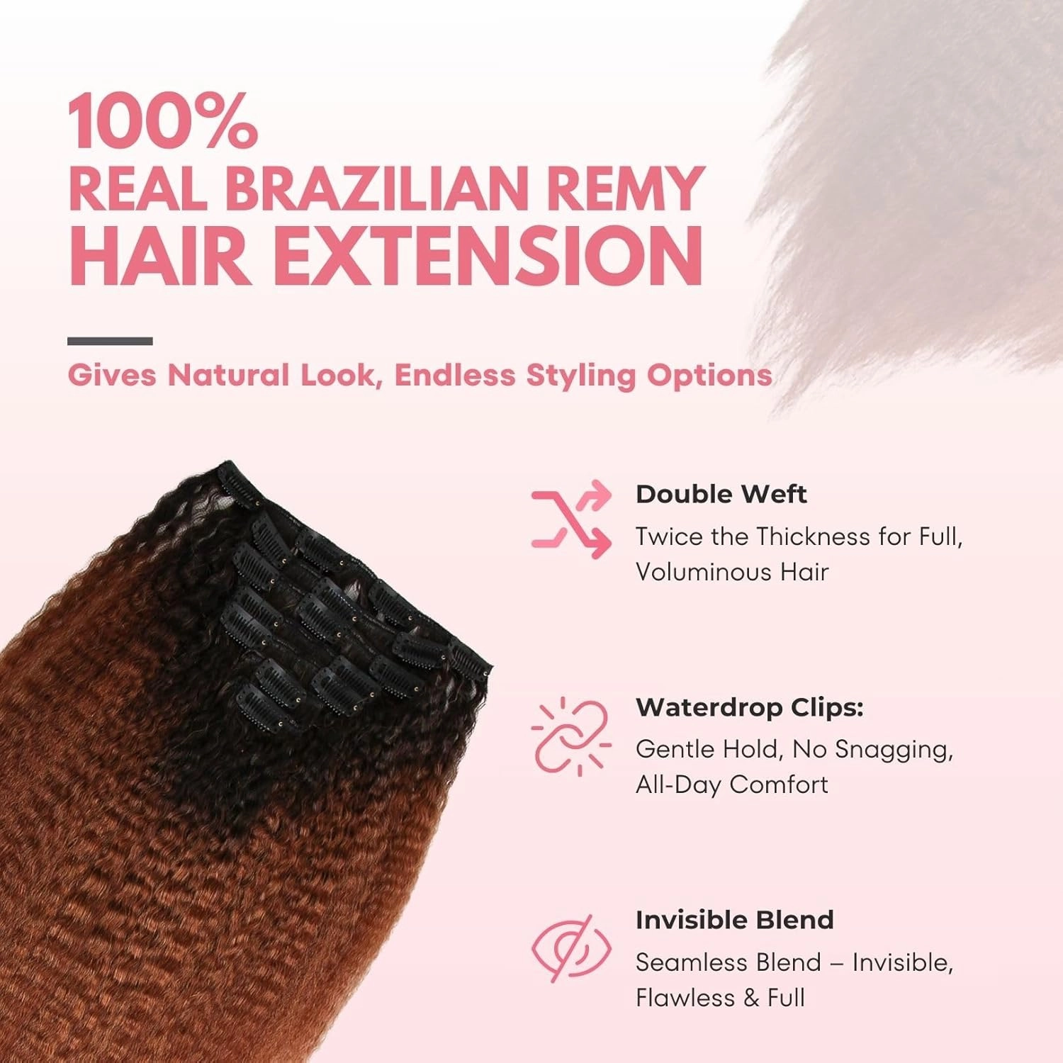 SIYUSI Kinky Straight Clip In Extensions, 100% Brazilian Remy Human Hair Clip Ins, Scalp-Friendly Invisible Clips, Chocolate Brown Ombre, 3.52oz, 7Pcs (20 Inch)