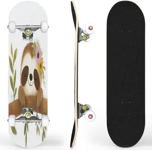 Skateboards Cute Sloth Sloth Baby Girl Spring Poster Cute Sloth 7 Layer Maple Wood Deck 31" x 8" Double Kick Concave Complete Tricks Skateboard for Beginners Teens Kids Adults