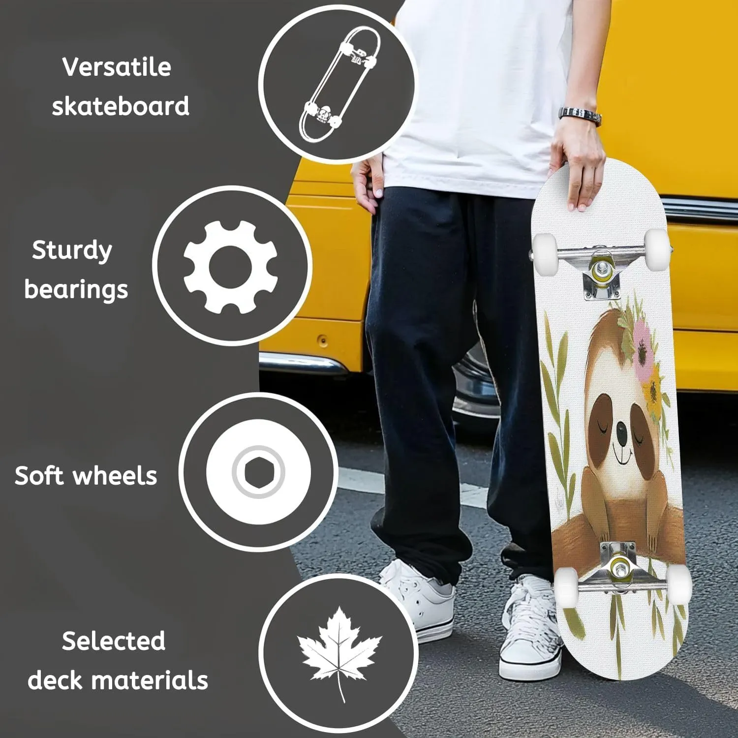 Skateboards Cute Sloth Sloth Baby Girl Spring Poster Cute Sloth 7 Layer Maple Wood Deck 31" x 8" Double Kick Concave Complete Tricks Skateboard for Beginners Teens Kids Adults