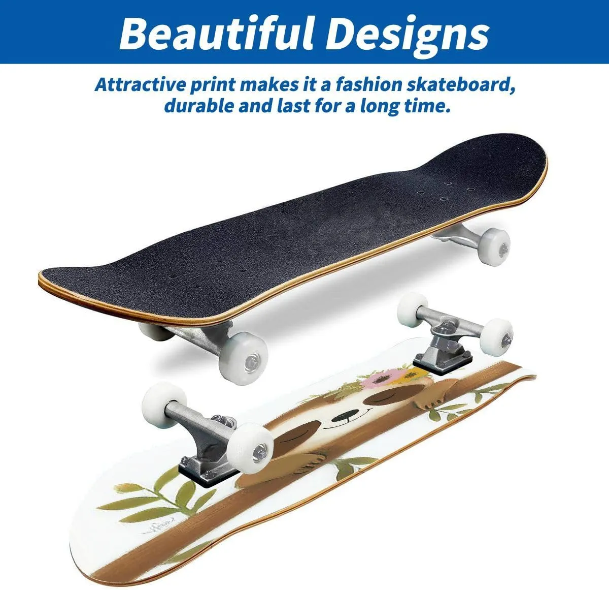 Skateboards Cute Sloth Sloth Baby Girl Spring Poster Cute Sloth 7 Layer Maple Wood Deck 31" x 8" Double Kick Concave Complete Tricks Skateboard for Beginners Teens Kids Adults
