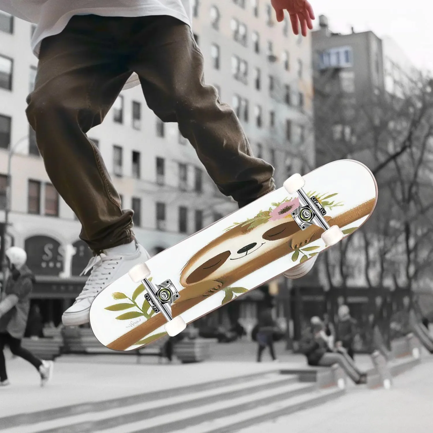 Skateboards Cute Sloth Sloth Baby Girl Spring Poster Cute Sloth 7 Layer Maple Wood Deck 31" x 8" Double Kick Concave Complete Tricks Skateboard for Beginners Teens Kids Adults