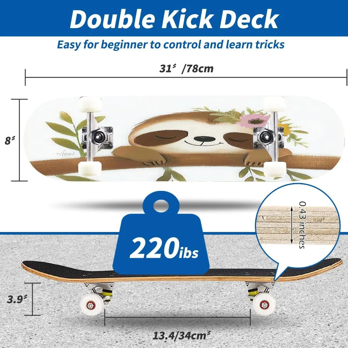 Skateboards Cute Sloth Sloth Baby Girl Spring Poster Cute Sloth 7 Layer Maple Wood Deck 31" x 8" Double Kick Concave Complete Tricks Skateboard for Beginners Teens Kids Adults